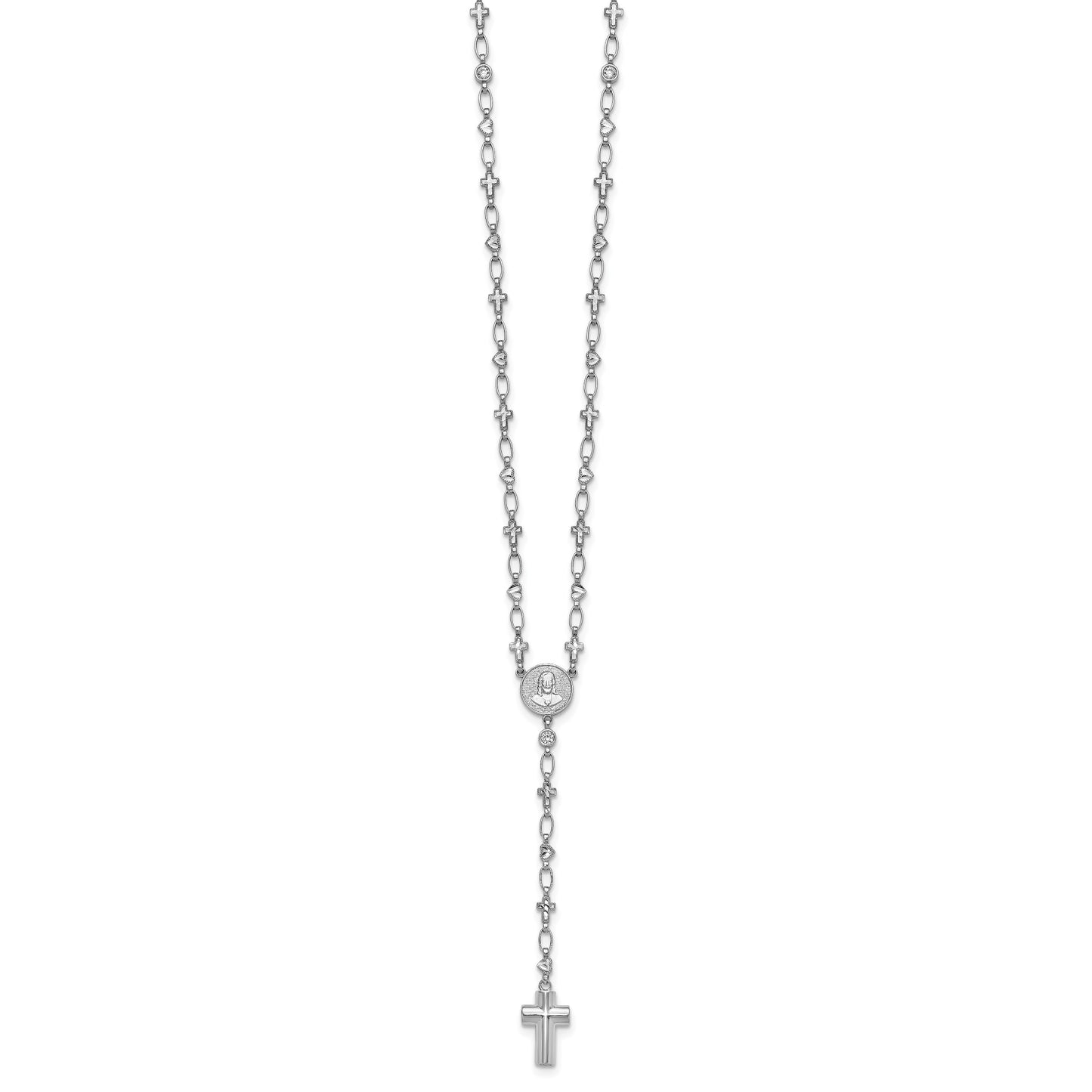 Sterling Silver Rhodium-plated CZ and Diamond-cut Heart and Cross Link with Cross Ash Holder 28.5 inch Rosary Necklace