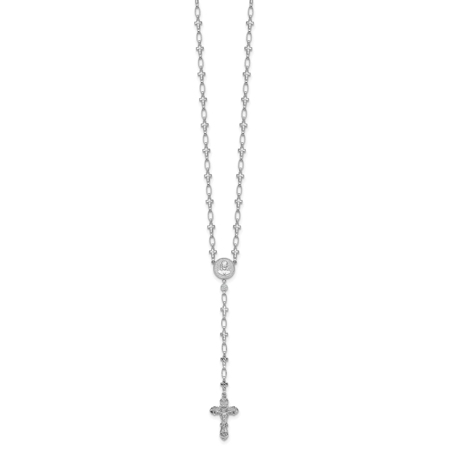 Sterling Silver Rhodium-plated Polished CZ and Diamond-cut Crosses 30.5 inch Rosary Necklace