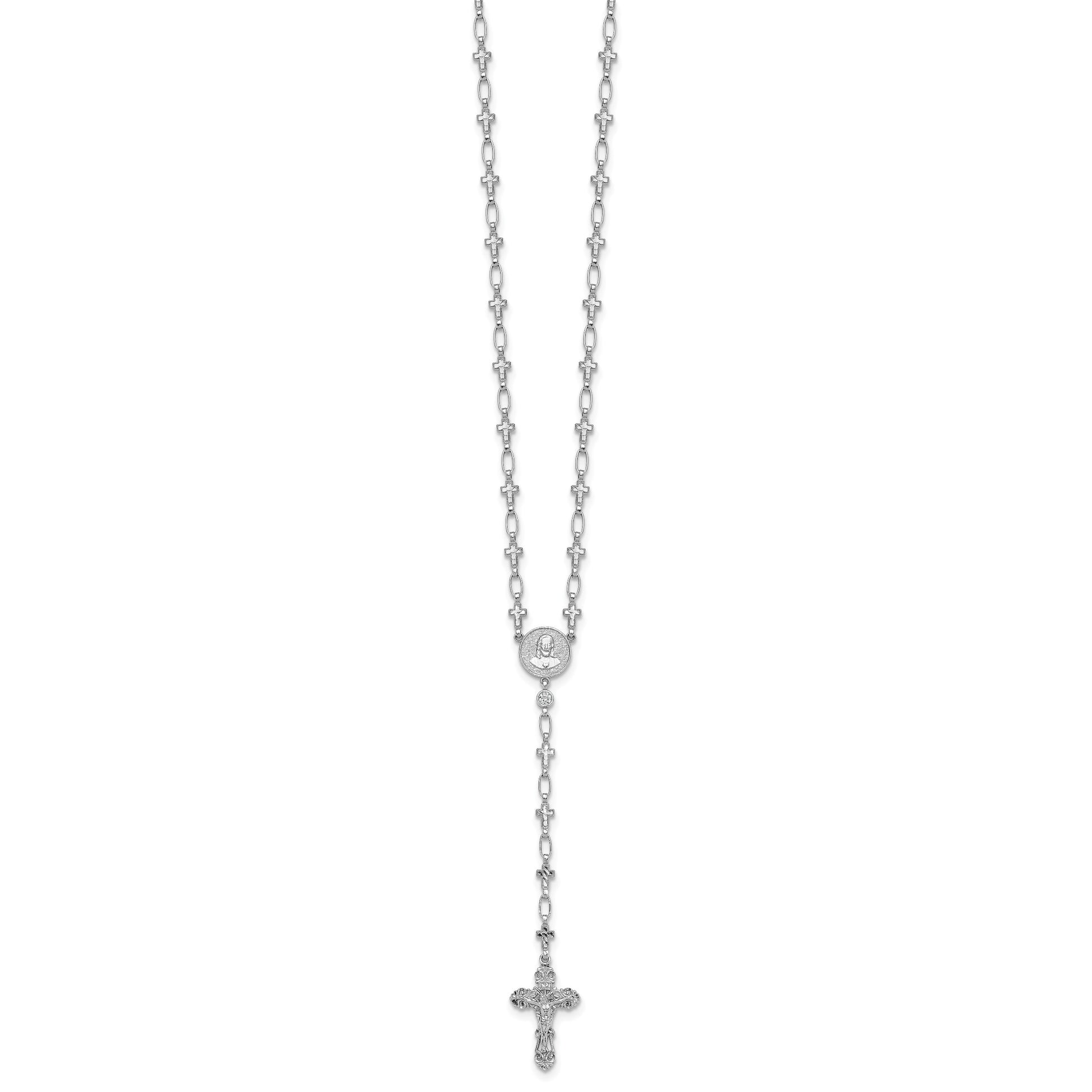Sterling Silver Rhodium-plated Polished CZ and Diamond-cut Crosses 30.5 inch Rosary Necklace