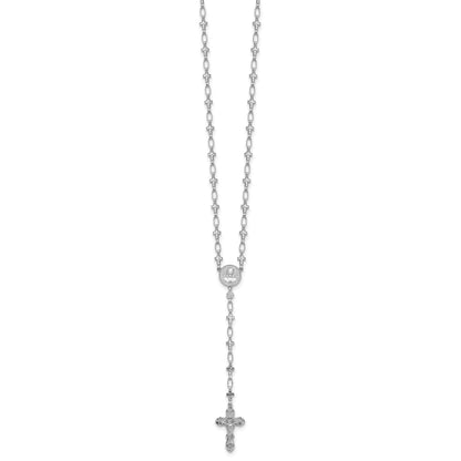 Sterling Silver Rhodium-plated Polished CZ and Diamond-cut Crosses 30.5 inch Rosary Necklace