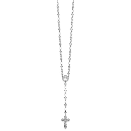 Sterling Silver Rhodium-plated Polished CZ and Diamond-cut Crosses 30.5 inch Rosary Necklace
