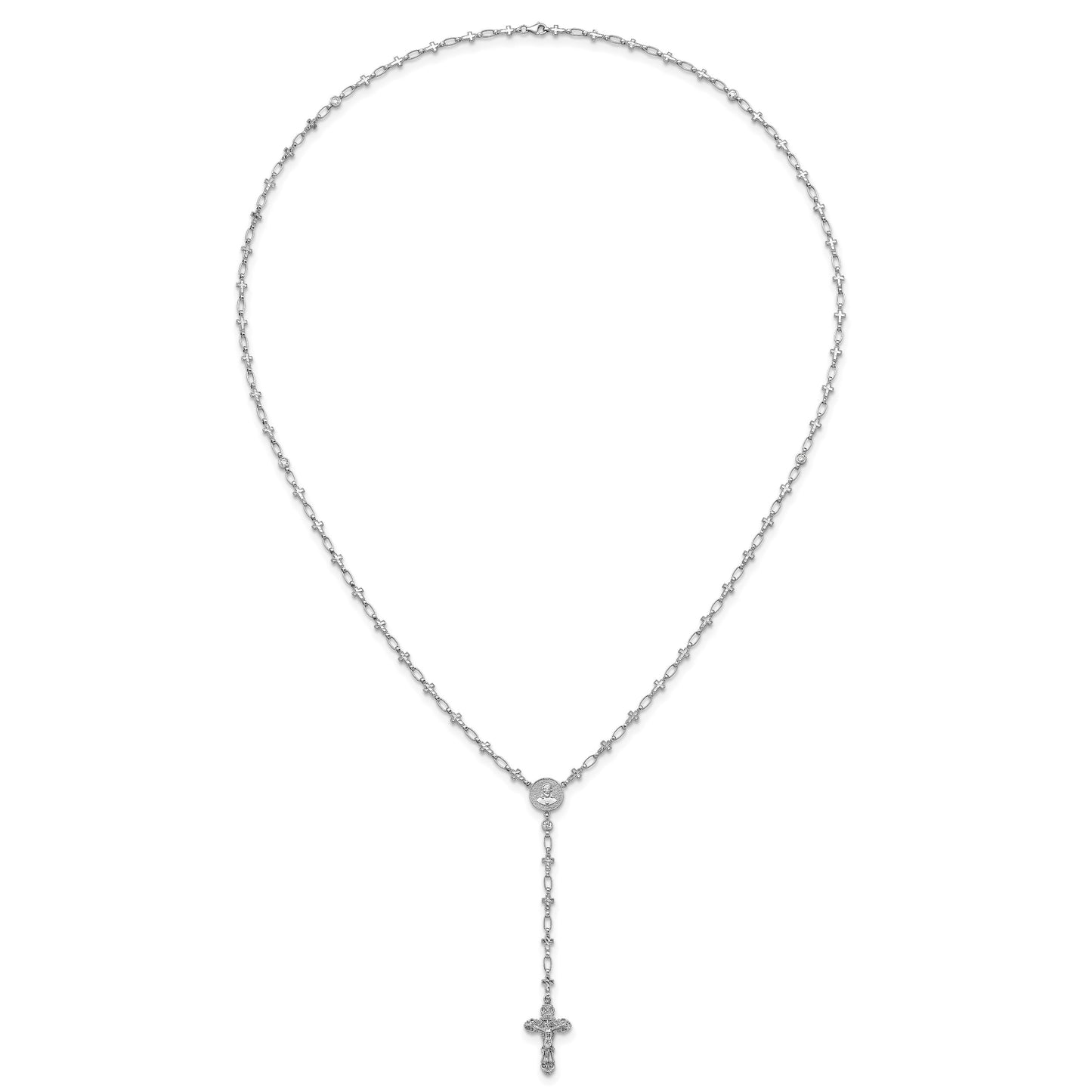 Sterling Silver Rhodium-plated Polished CZ and Diamond-cut Crosses 30.5 inch Rosary Necklace