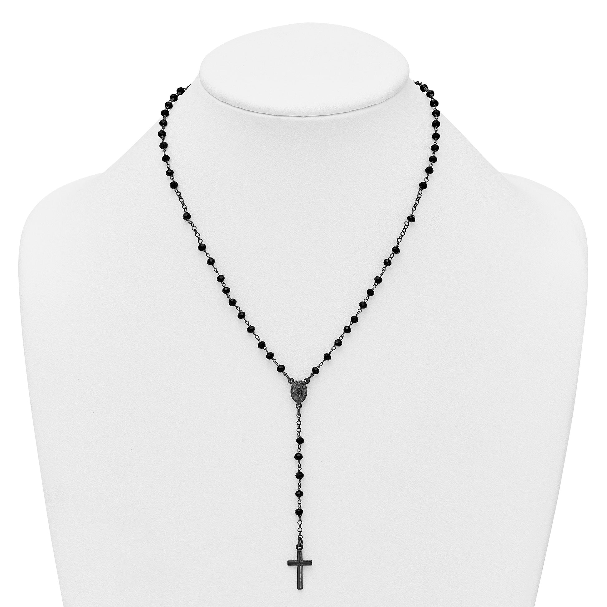 Sterling Silver Black Rhodium-plated Crystal 18.5 inch with 0.5 inch extender Rosary Necklace