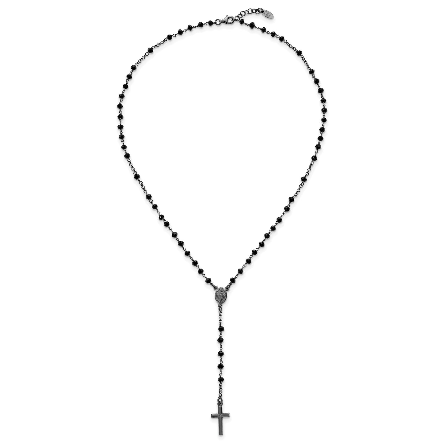 Sterling Silver Black Rhodium-plated Crystal 18.5 inch with 0.5 inch extender Rosary Necklace
