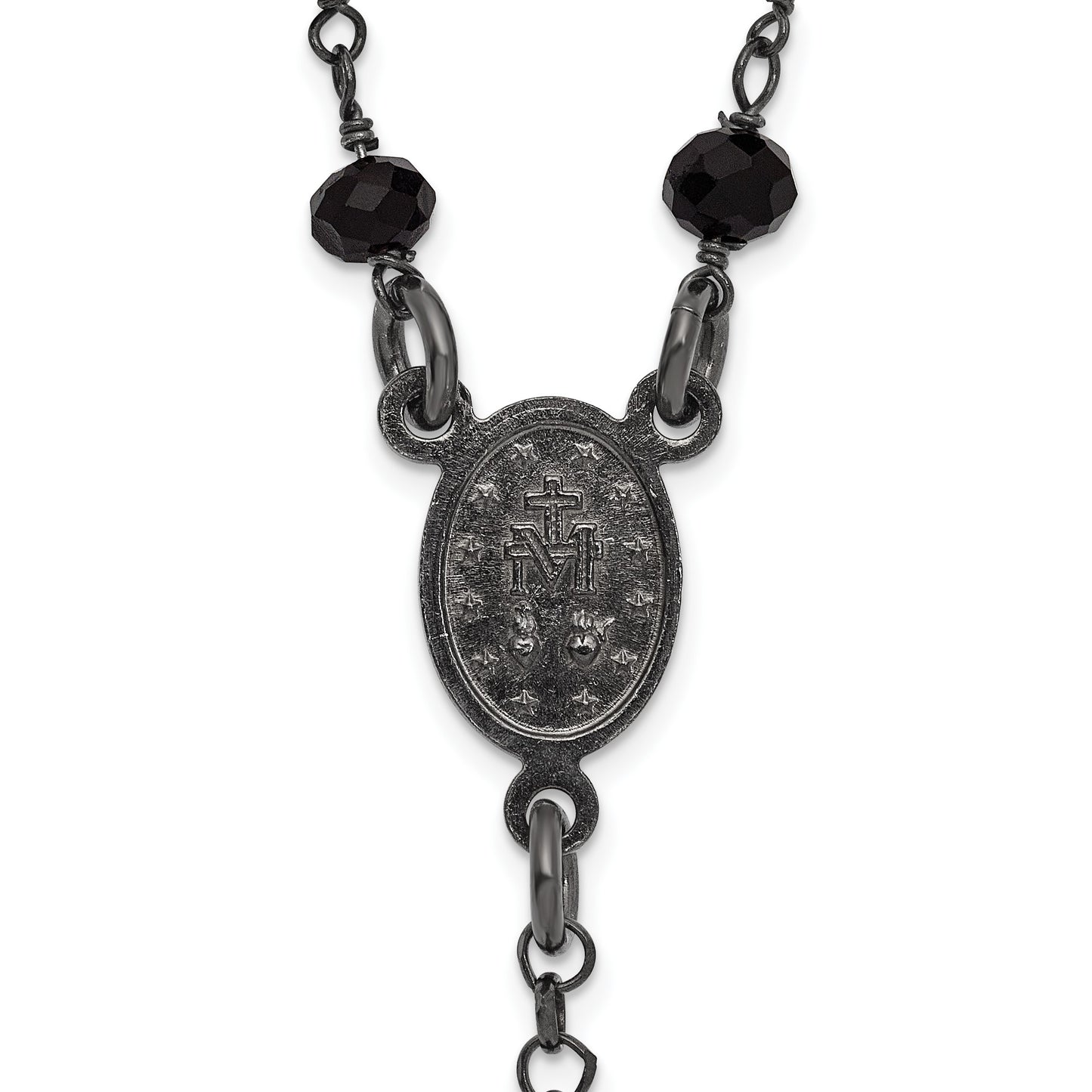 Sterling Silver Black Rhodium-plated Crystal 18.5 inch with 0.5 inch extender Rosary Necklace