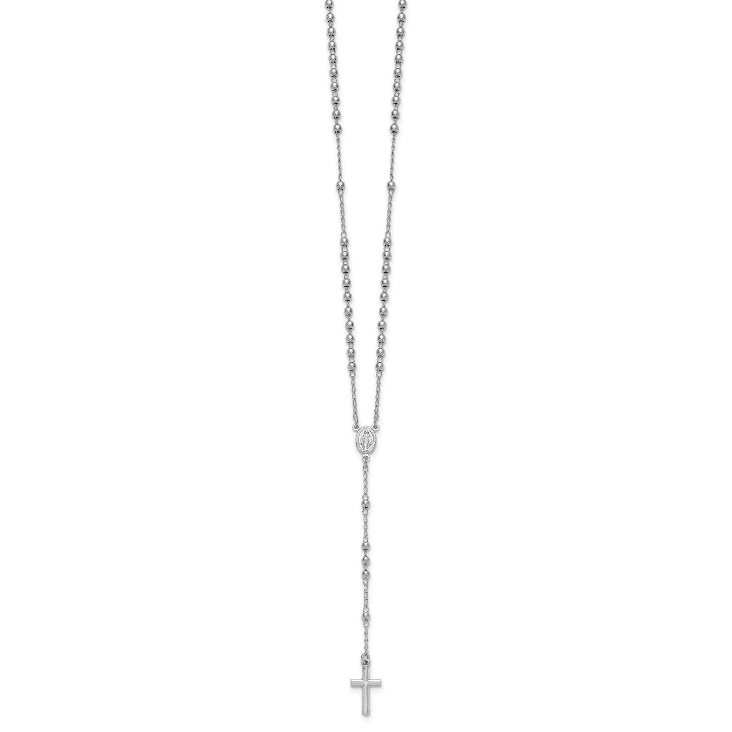 Sterling Silver Rhodium-plated Beaded 17 inch with 1.5 inch extender Rosary Necklace