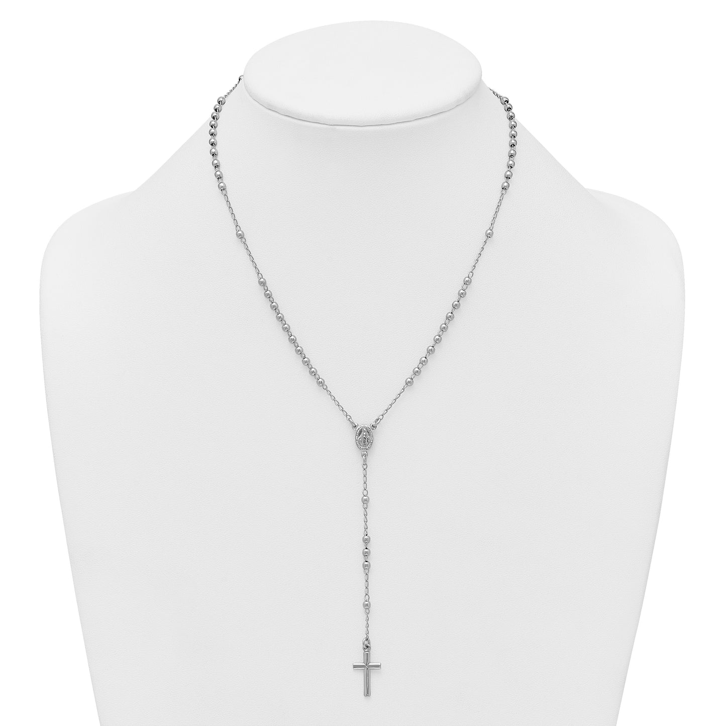 Sterling Silver Rhodium-plated Beaded 17 inch with 1.5 inch extender Rosary Necklace