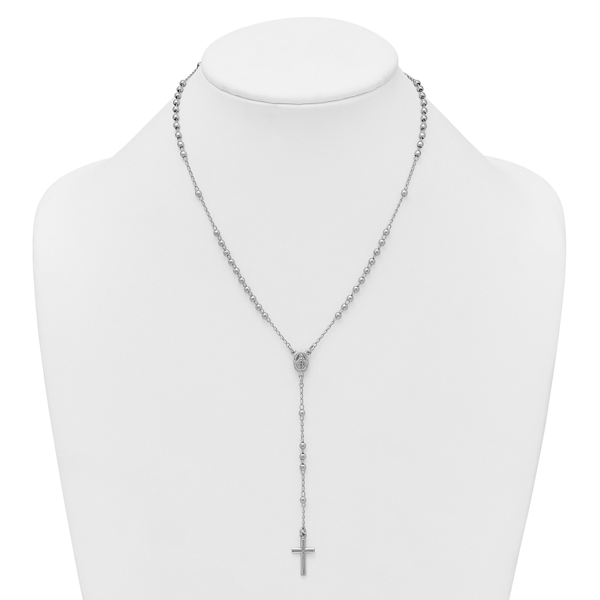 Sterling Silver Rhodium-plated Beaded 17 inch with 1.5 inch extender Rosary Necklace