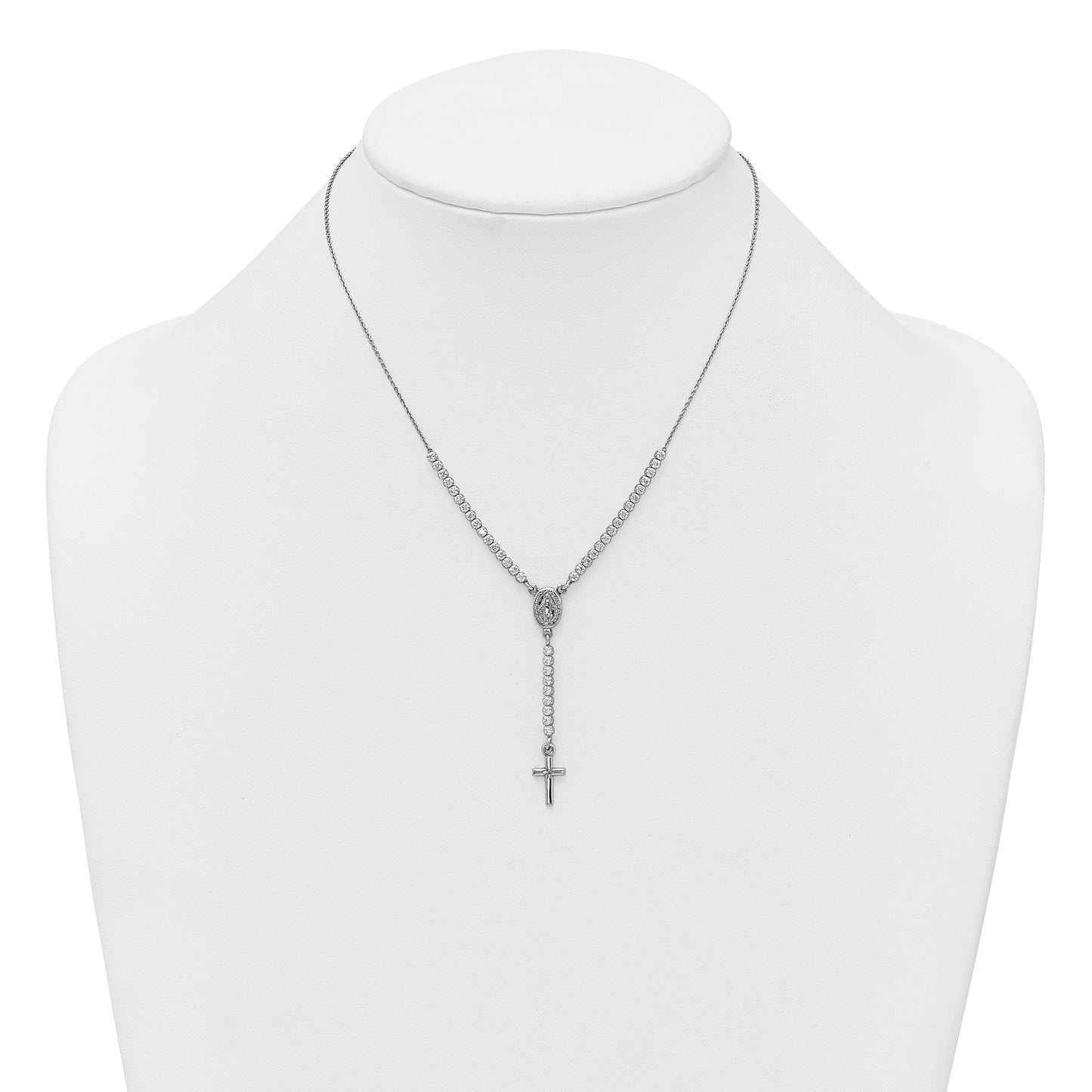 Sterling Silver Rhodium-plated Polished CZ 15.5 inch with 2 inch extender Rosary Necklace