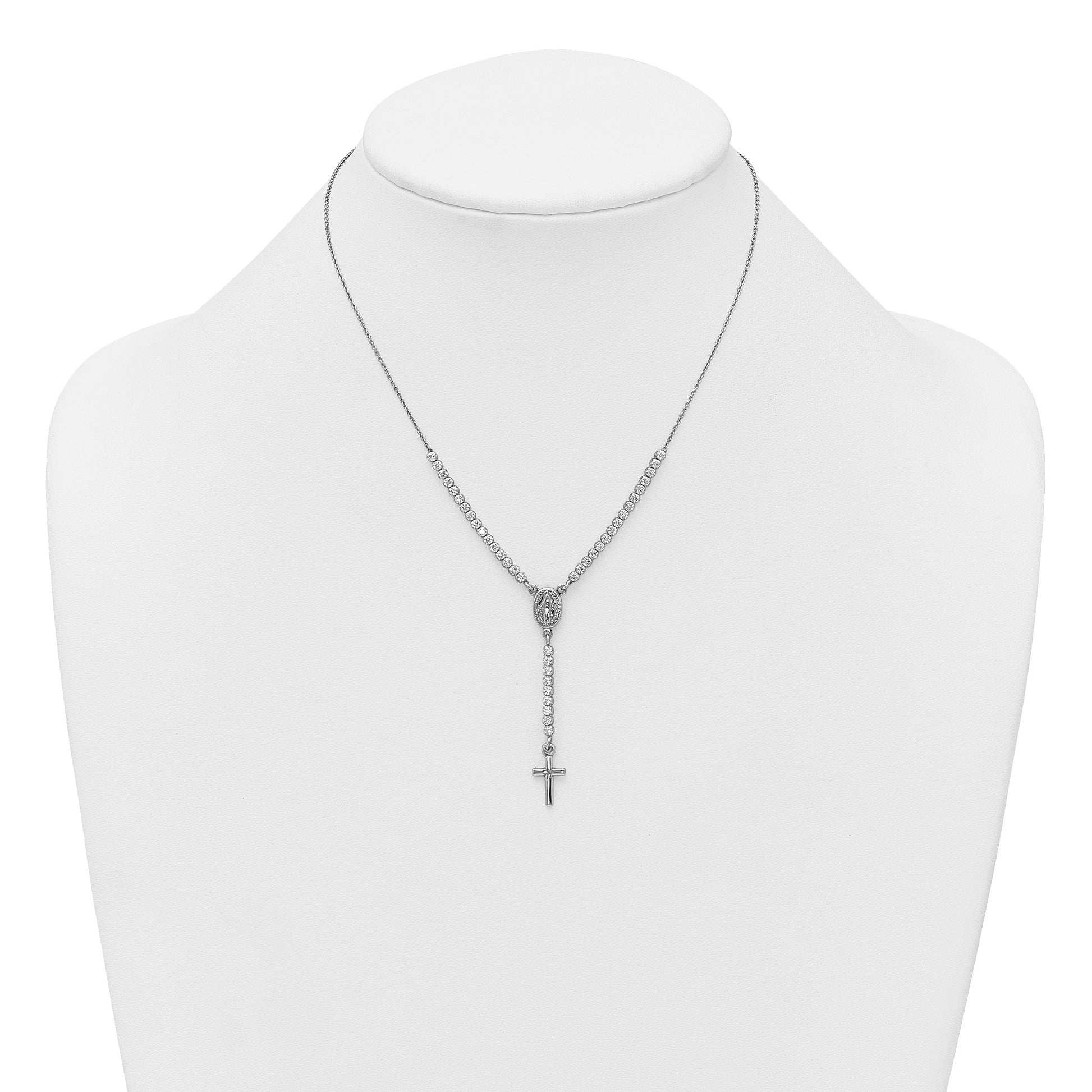 Sterling Silver Rhodium-plated Polished CZ 15.5 inch with 2 inch extender Rosary Necklace