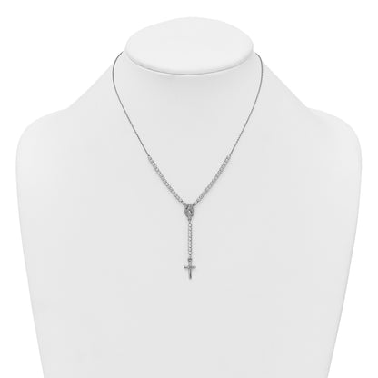 Sterling Silver Rhodium-plated Polished CZ 15.5 inch with 2 inch extender Rosary Necklace