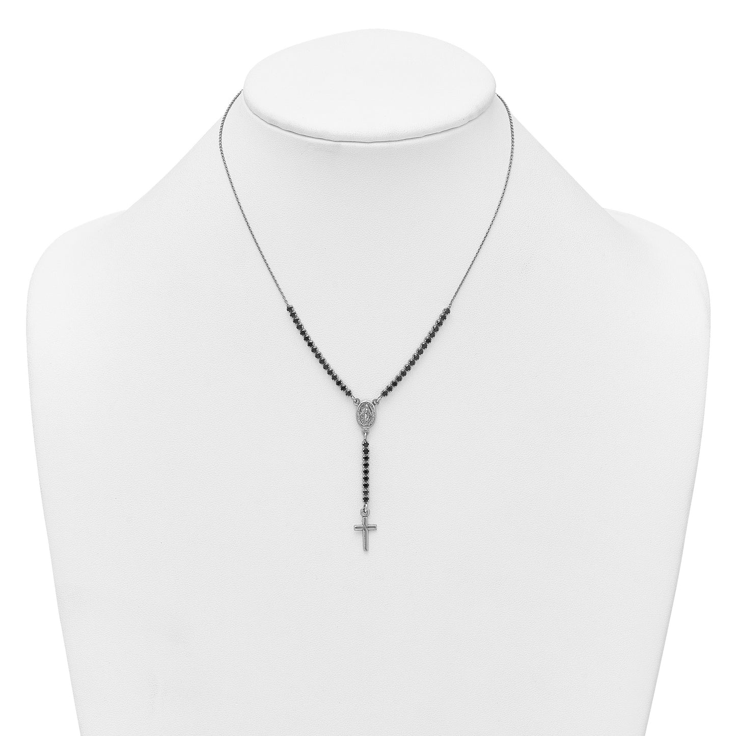 Sterling Silver Rhodium-plated Polished Black CZ 15.5 inch with 2 inch extender Rosary Necklace