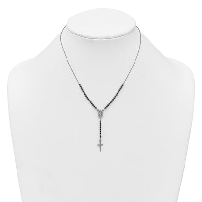 Sterling Silver Rhodium-plated Polished Black CZ 15.5 inch with 2 inch extender Rosary Necklace