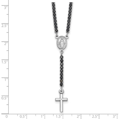 Sterling Silver Rhodium-plated Polished Black CZ 15.5 inch with 2 inch extender Rosary Necklace