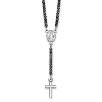 Sterling Silver Rhodium-plated Polished Black CZ 15.5 inch with 2 inch extender Rosary Necklace