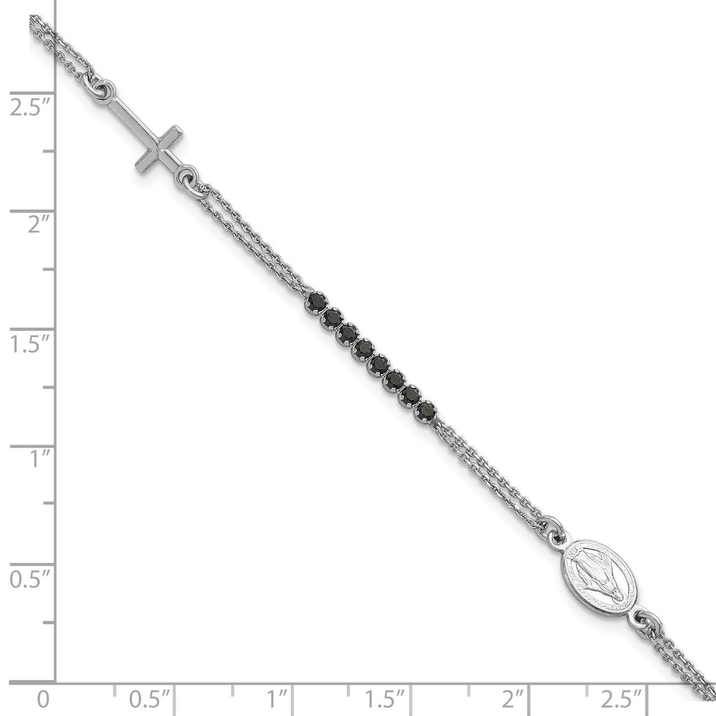 Sterling Silver Rhodium-plated Polished Black CZ 6.75 inch with 1.25 inch extender Rosary Bracelet