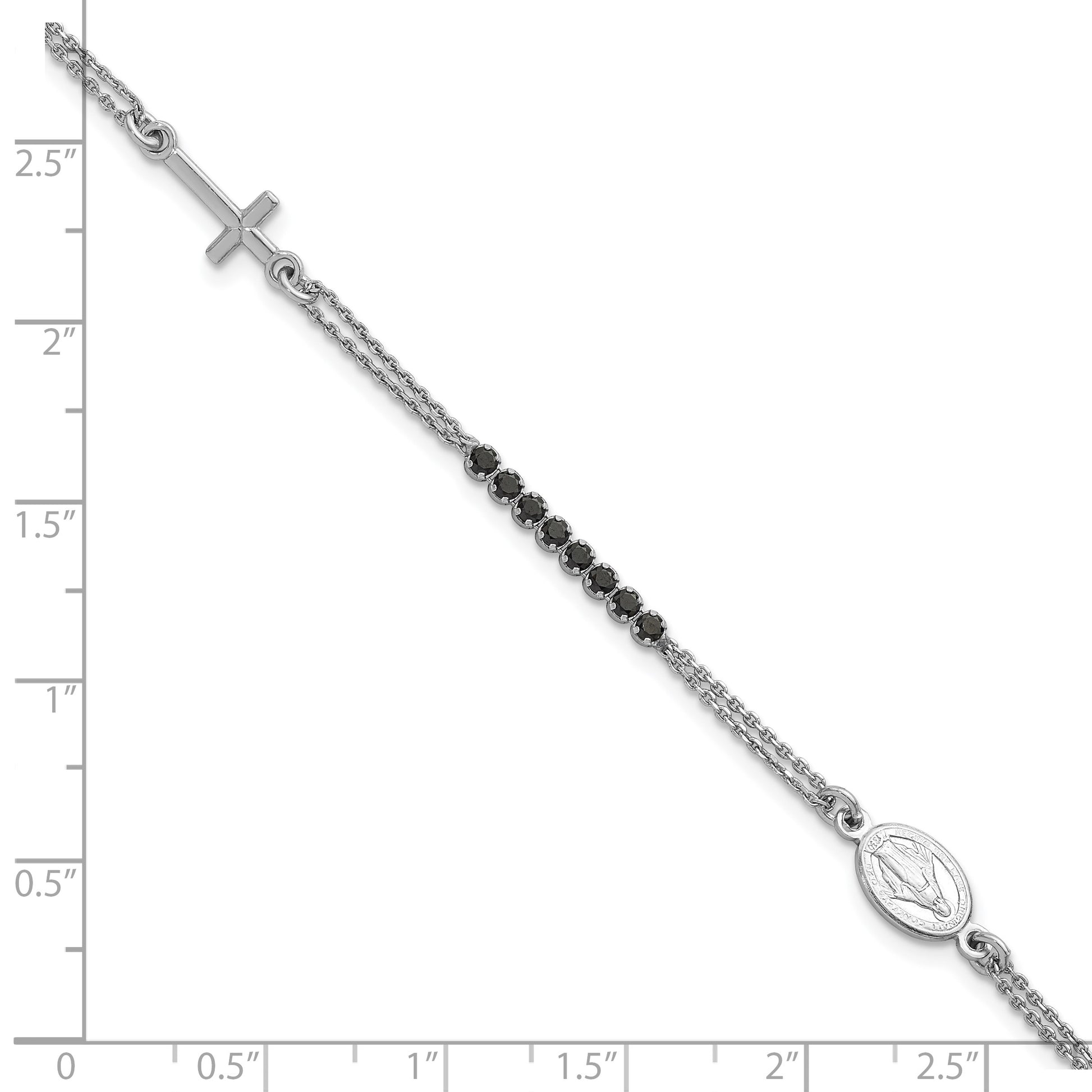 Sterling Silver Rhodium-plated Polished Black CZ 6.75 inch with 1.25 inch extender Rosary Bracelet