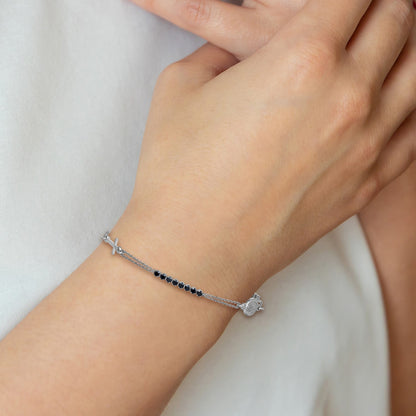 Sterling Silver Rhodium-plated Polished Black CZ 6.75 inch with 1.25 inch extender Rosary Bracelet
