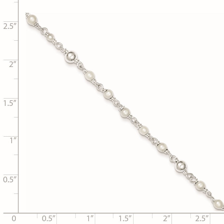Sterling Silver Freshwater Cultured Pearl and Heart 9 inch Plus 1 inch Extender  - Total 10 inch Anklet