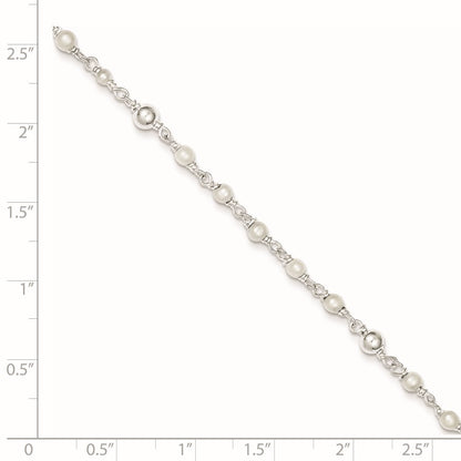 Sterling Silver Freshwater Cultured Pearl and Heart 9 inch Plus 1 inch Extender  - Total 10 inch Anklet