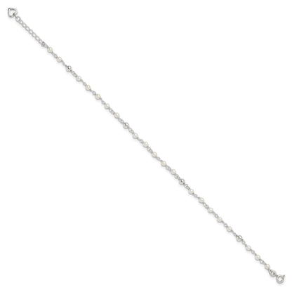 Sterling Silver Freshwater Cultured Pearl and Heart 9 inch Plus 1 inch Extender  - Total 10 inch Anklet