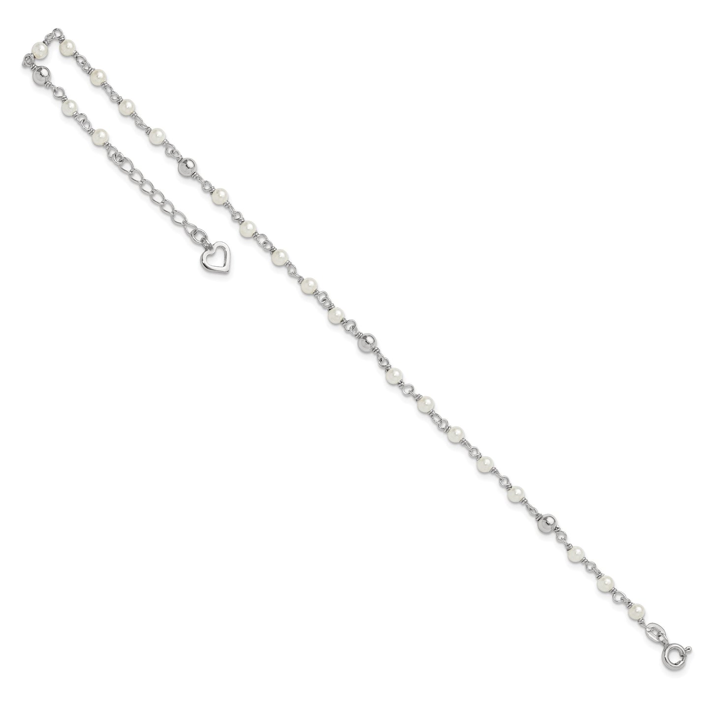 Sterling Silver Freshwater Cultured Pearl and Heart 9 inch Plus 1 inch Extender  - Total 10 inch Anklet