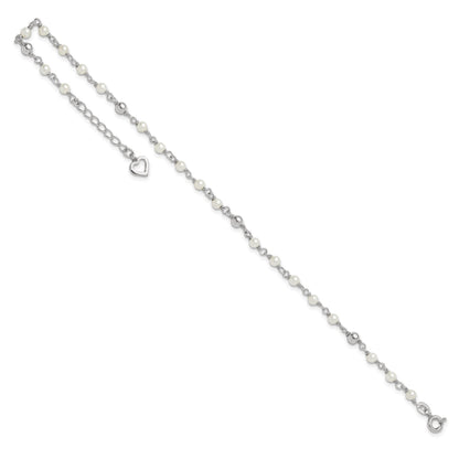 Sterling Silver Freshwater Cultured Pearl and Heart 9 inch Plus 1 inch Extender  - Total 10 inch Anklet
