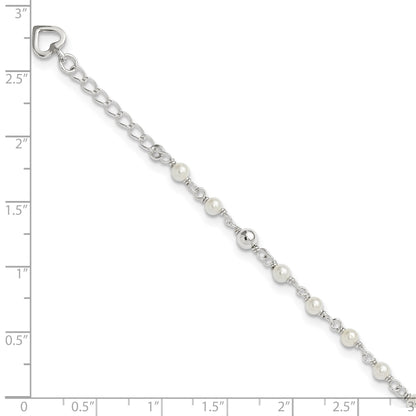 Sterling Silver Freshwater Cultured Pearl and Heart 9 inch Plus 1 inch Extender  - Total 10 inch Anklet