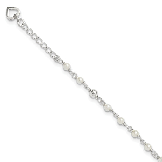 Sterling Silver Freshwater Cultured Pearl and Heart 9 inch Plus 1 inch Extender  - Total 10 inch Anklet