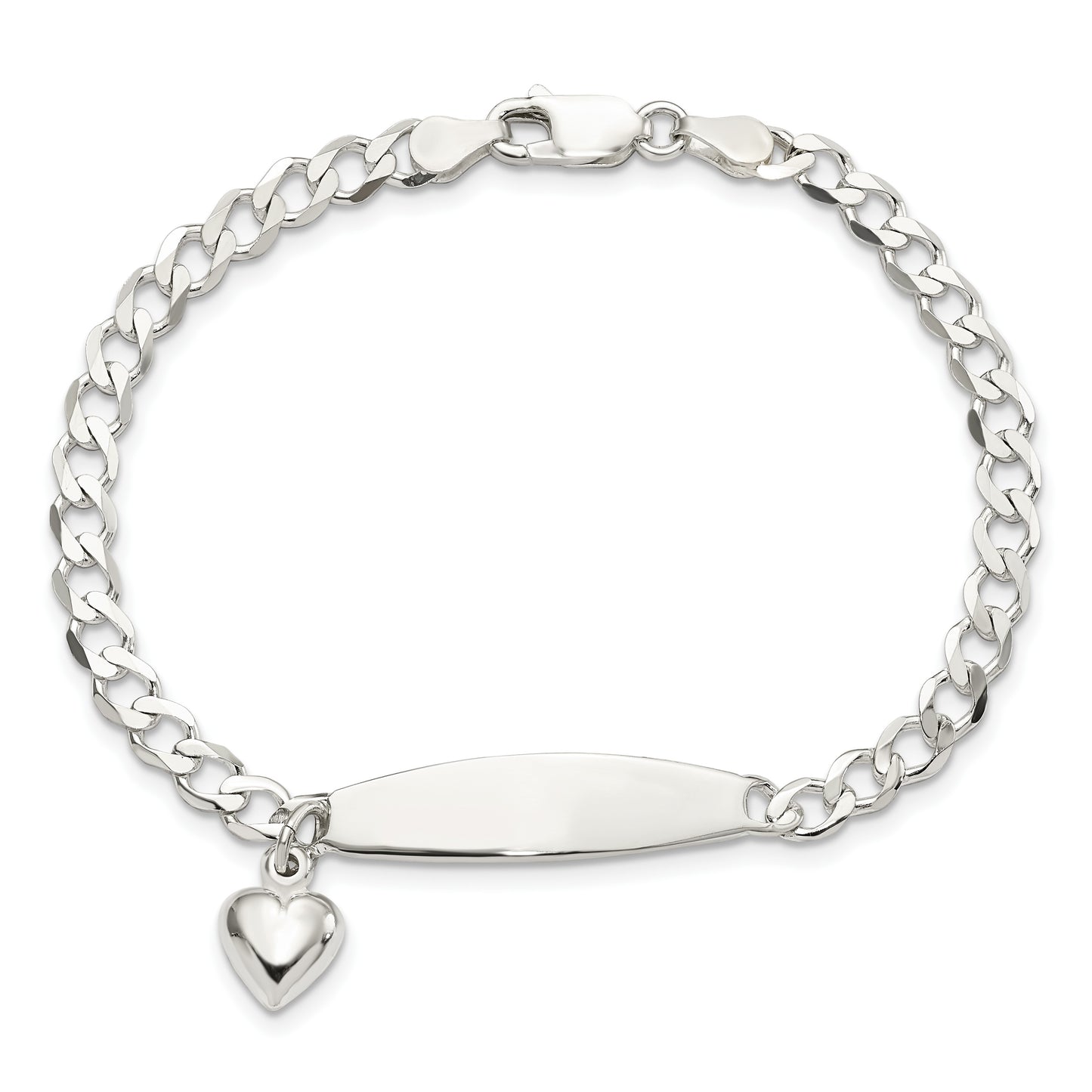 Sterling Silver Polished Curb Link ID Heart Dangle Bracelet