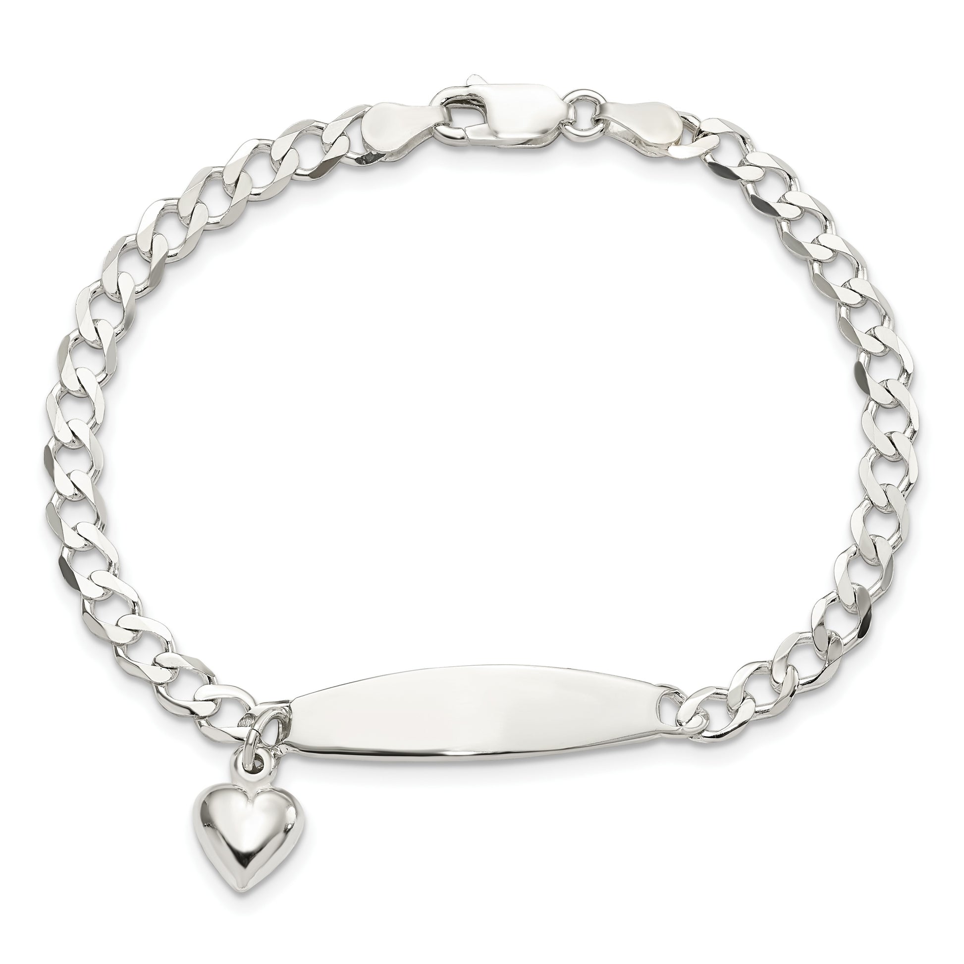Sterling Silver Polished Curb Link ID Heart Dangle Bracelet