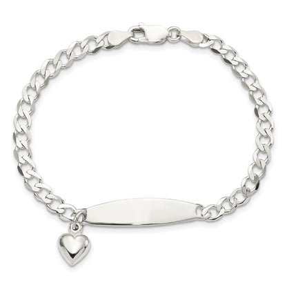 Sterling Silver Polished Curb Link ID Heart Dangle Bracelet