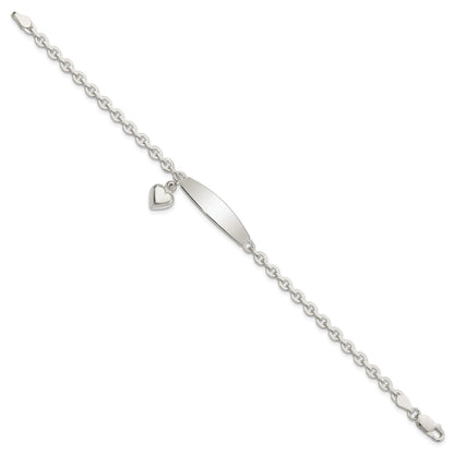 Sterling Silver Polished Rolo Link ID Heart Dangle Bracelet