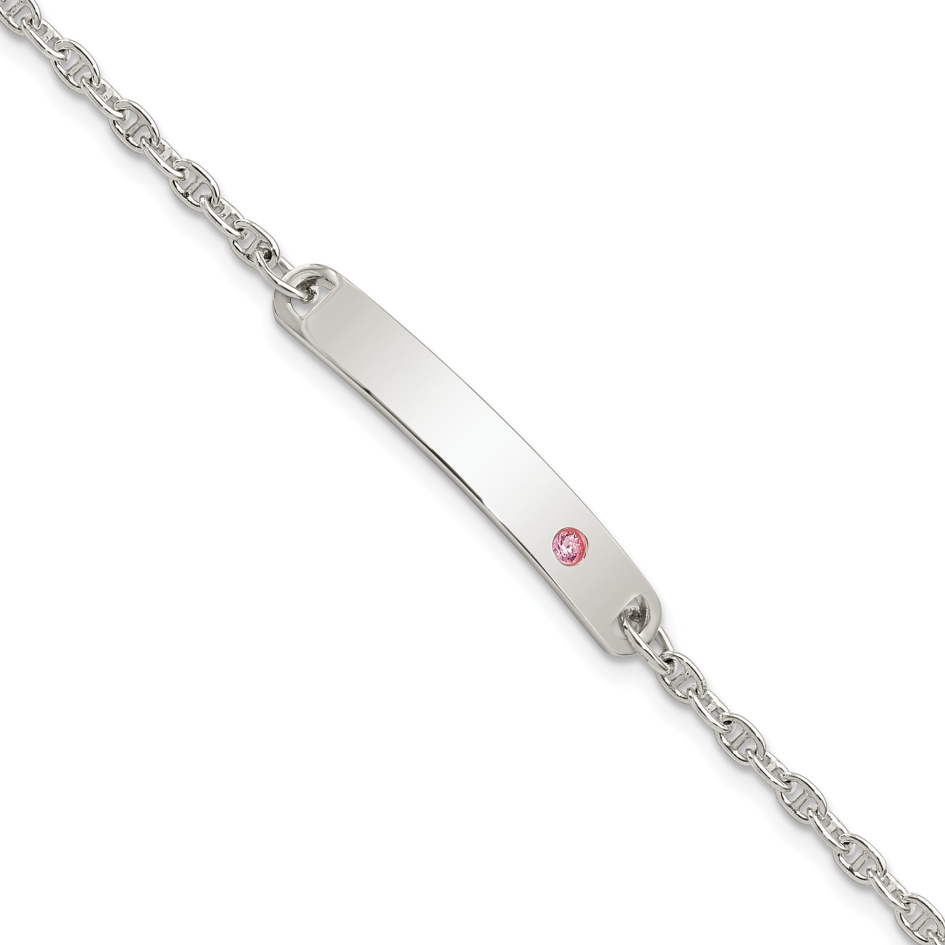 Sterling Silver Polished Childrens ID with Pink CZ Bracelet