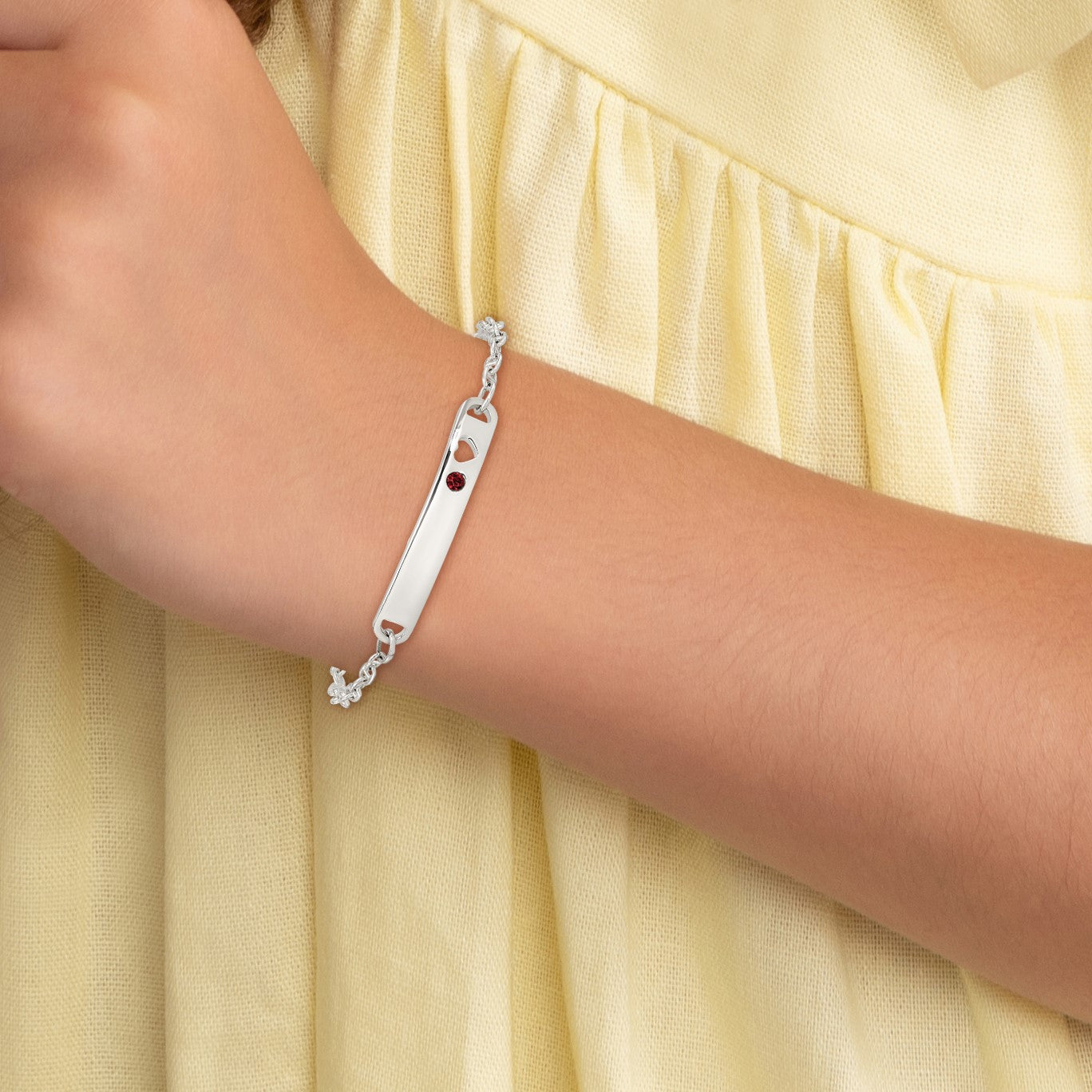 Sterling Silver Polished Childrens ID with Red CZ Heart Bracelet