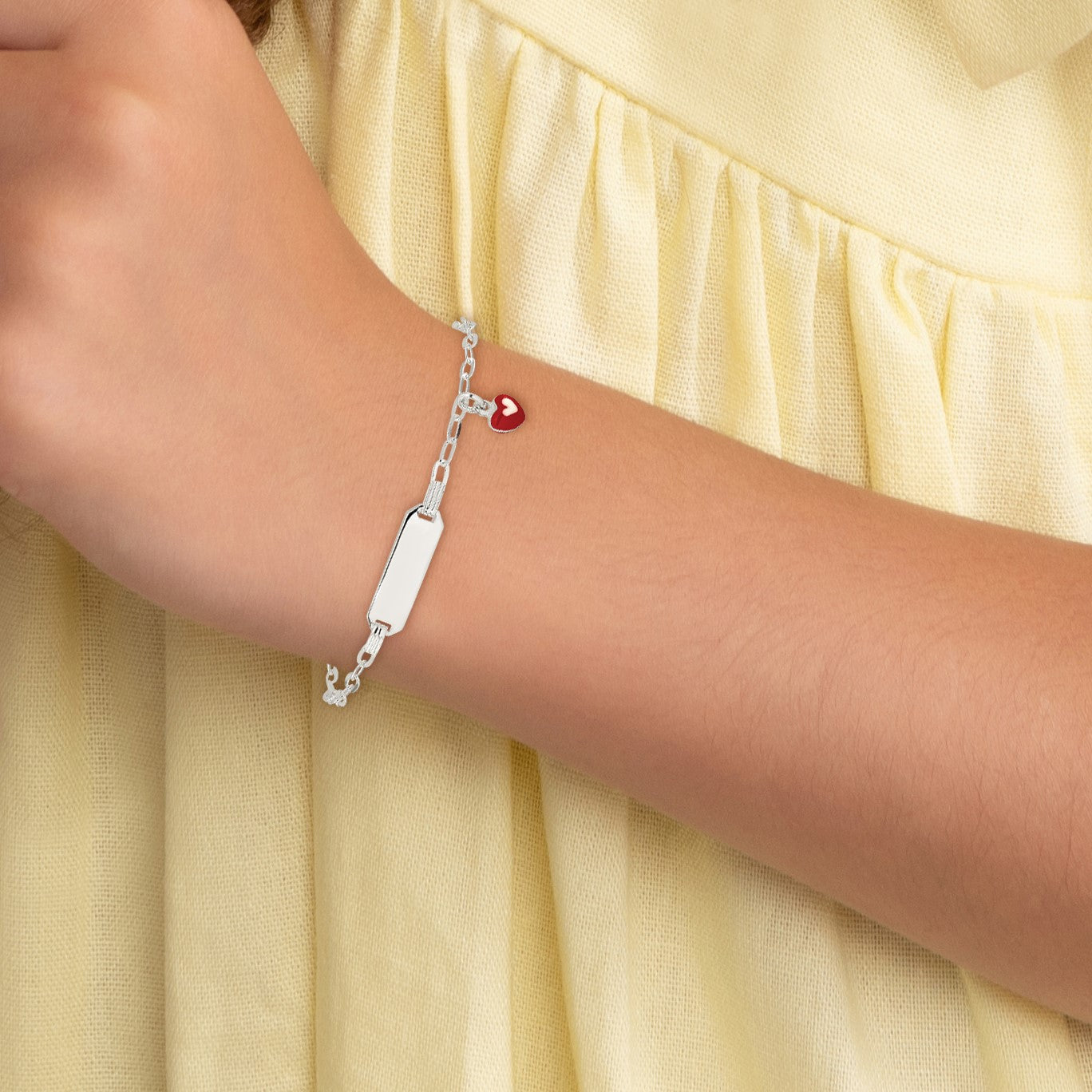 Sterling Silver Polished Red and White Enameled Heart Charm 5 inch with 1 inch extension Childrens ID Bracelet