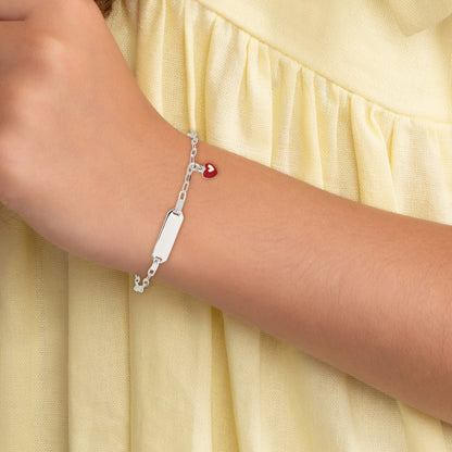 Sterling Silver Polished Red and White Enameled Heart Charm 5 inch with 1 inch extension Childrens ID Bracelet