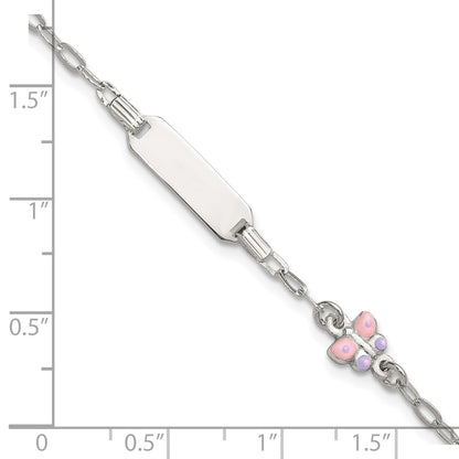 Sterling Silver Polished Pink and Purple Enameled Butterfly 5 inch with 1 inch extension Childrens ID Bracelet