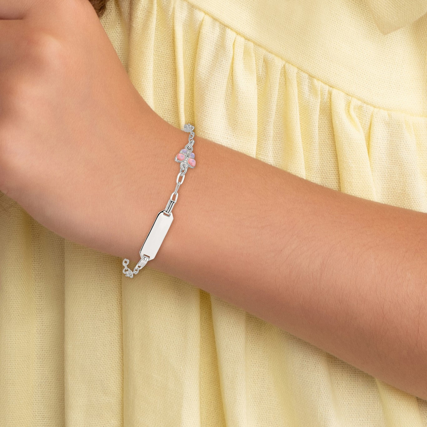 Sterling Silver Polished Pink and Purple Enameled Butterfly 5 inch with 1 inch extension Childrens ID Bracelet