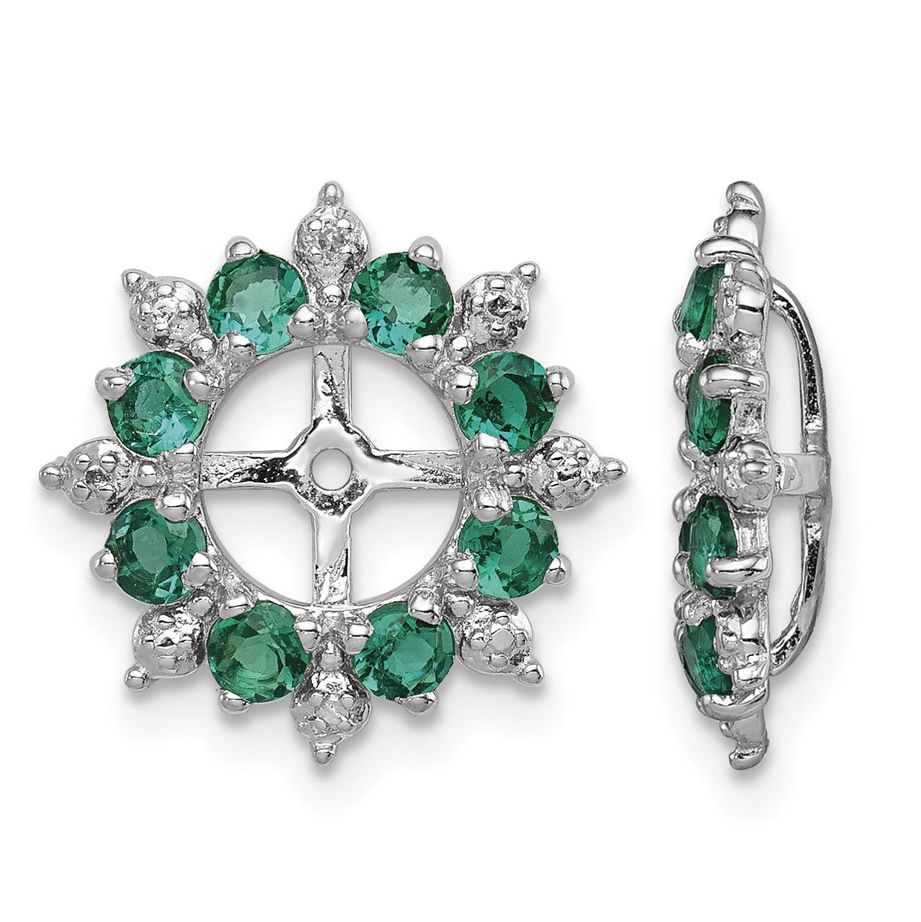 Sterling Silver Rhodium Diam. & Created Emerald Earring Jacket
