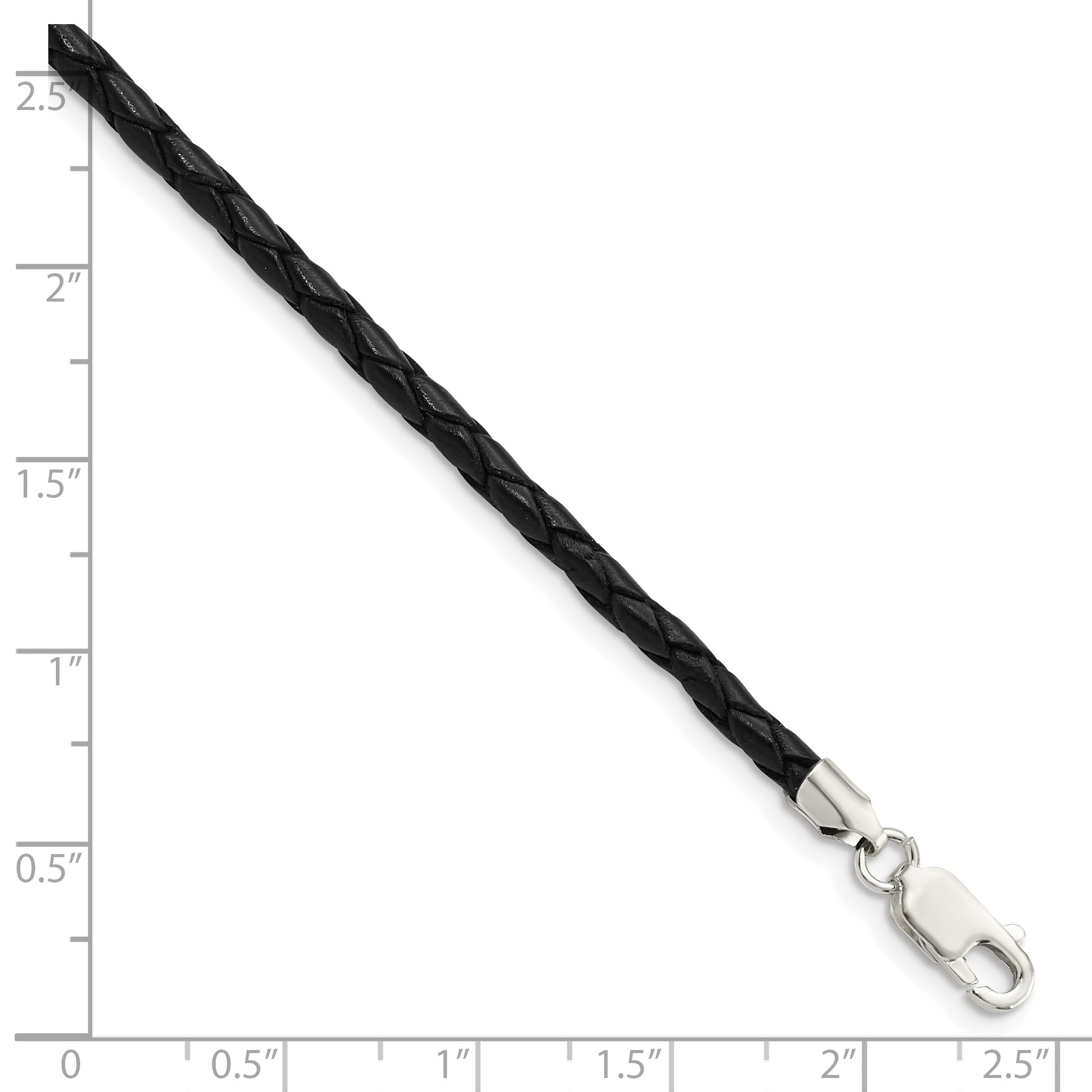 Sterling Silver 20inch 3mm Black Leather Braided Necklace