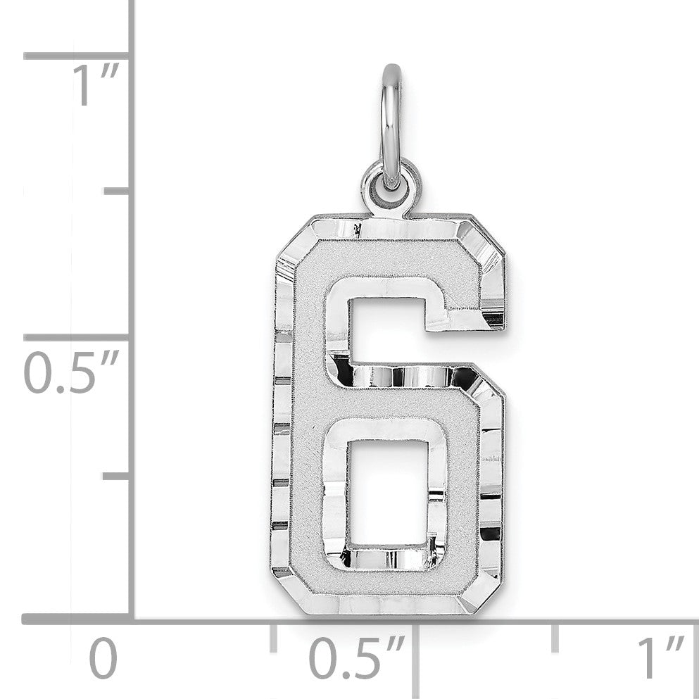Sterling Silver Rhodium-plated Large Diamond-cut #6 Charm