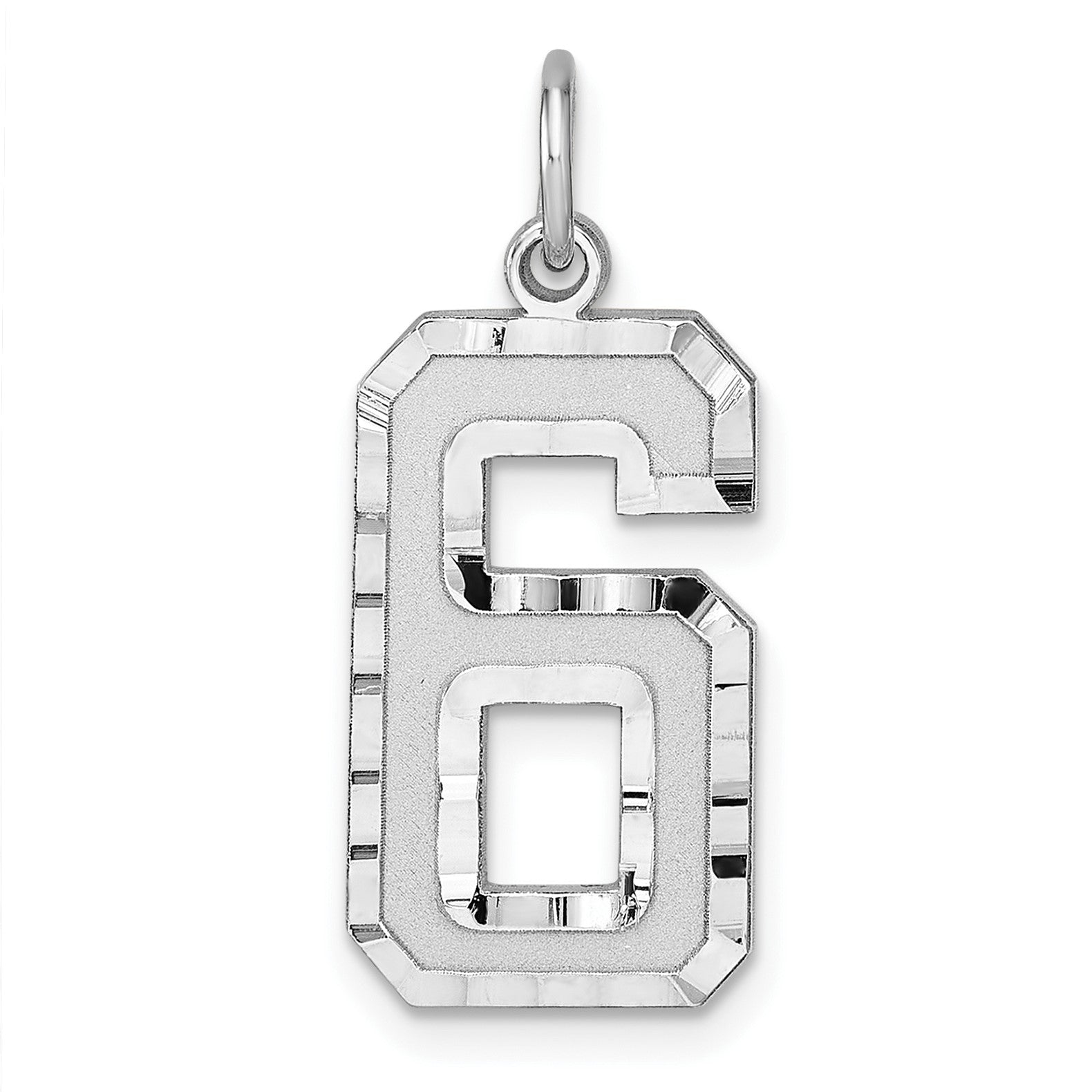 Sterling Silver Rhodium-plated Large Diamond-cut #6 Charm