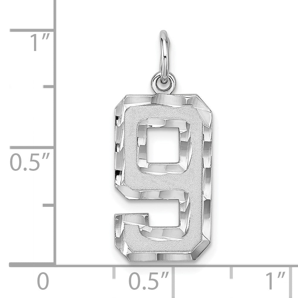 Sterling Silver Rhodium-plated Large Diamond-cut #9 Charm