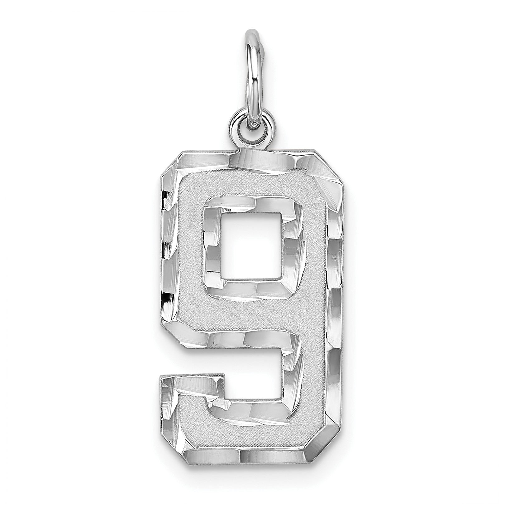 Sterling Silver Rhodium-plated Large Diamond-cut #9 Charm