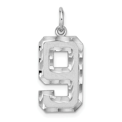 Sterling Silver Rhodium-plated Large Diamond-cut #9 Charm