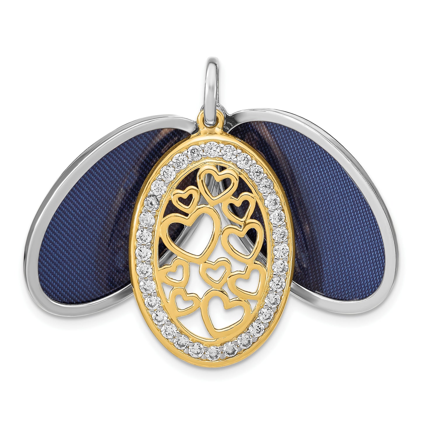 Sterling Silver Yellow & White Rhodium-plated Heart CZ 26mm Swing Locket