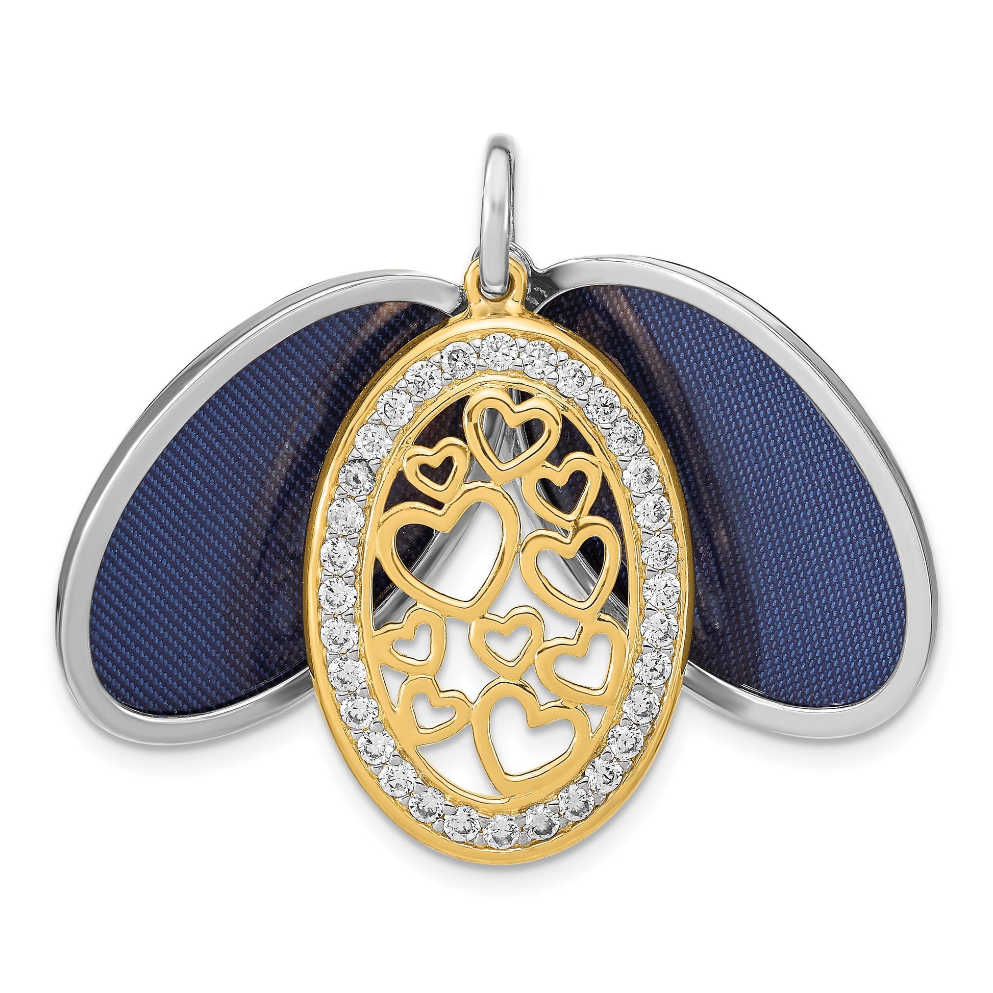 Sterling Silver Yellow & White Rhodium-plated Heart CZ 26mm Swing Locket