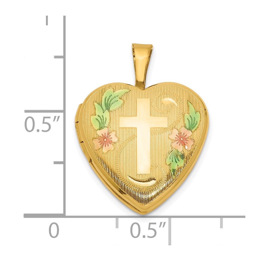 1/20 Gold Filled Polished & Epoxy 16mm Floral Cross Heart Locket