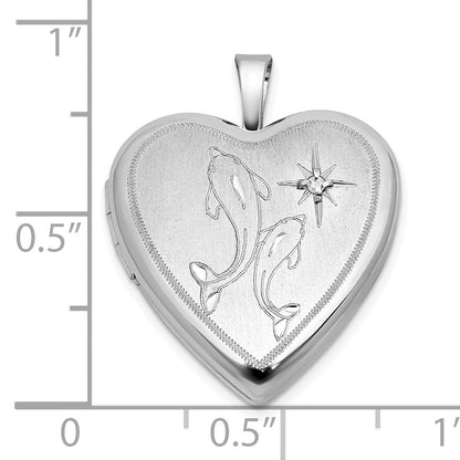 Sterling Silver Rhodium-plated Brushed 1/20 carat Diamond Two Dolphins 20mm Heart Locket